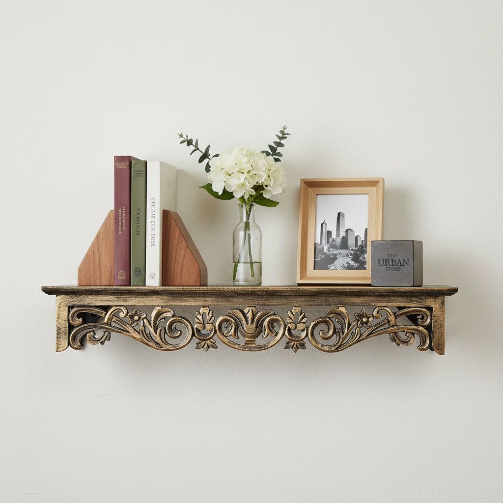 THE URBAN STORE Decorative and Handcrafted Wall Shelf for Living Room,Study,Bathroom or Kitchen in Antique (Gold) Engineered Wood-picture-12