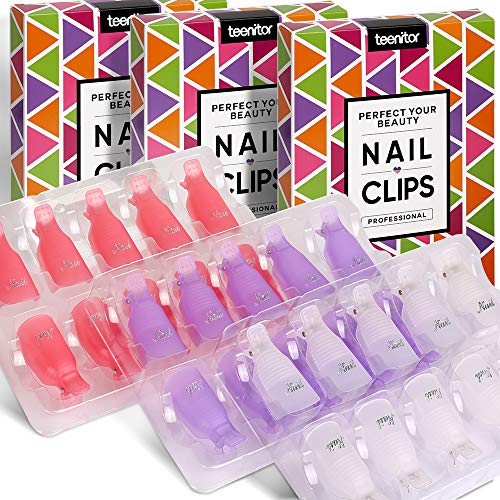 Acrylic Nail Polish Remover Clips, Teenitor Nail Art Soak Off Clips Caps UV Gel Polish Remover Wrap Tool-Purple, Pink, White, 30pcs Nail Clips