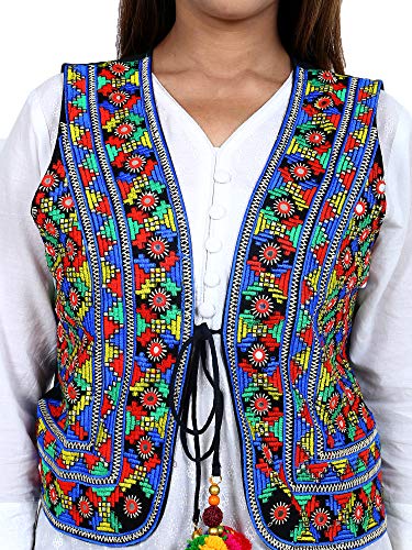Image of Craft Trade Women's Cotton Embroidered Kutchi Jacket with Tassels Sleeveless Mirror Work