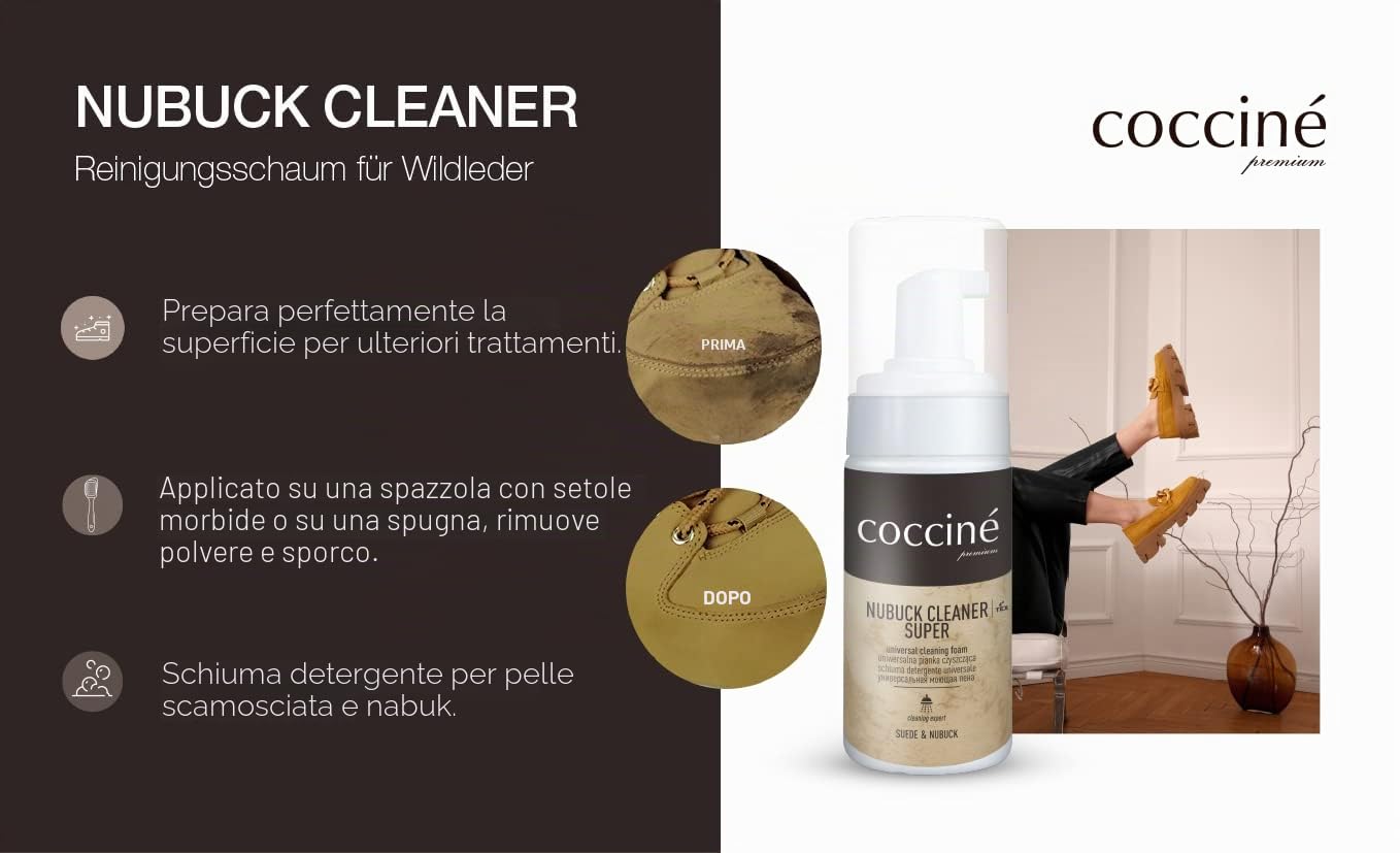 Cocciné - Kit Per Pelle Scamosciata e Nabuk, Spray Impermeabilizzante + Pulitore per Nabuk + Cubo per Pulire, Protettore per Scarpe in Pelle, Schiuma Detergente