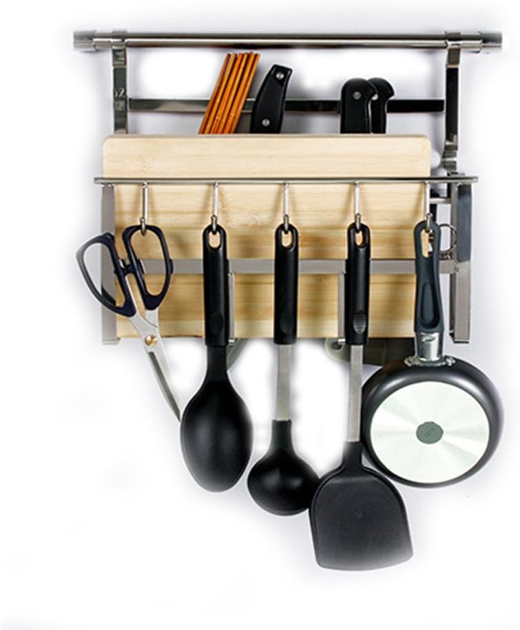 HANGOO Kitchen Organizer, Wall Hanging Kitchen Wall Rack, Wall Stainless Steel Shelf, Cutting Board Rack, Utensil / Pot / Pan/Sissor Hanger Hook, Pot Organiser (42x31x18.5cm)