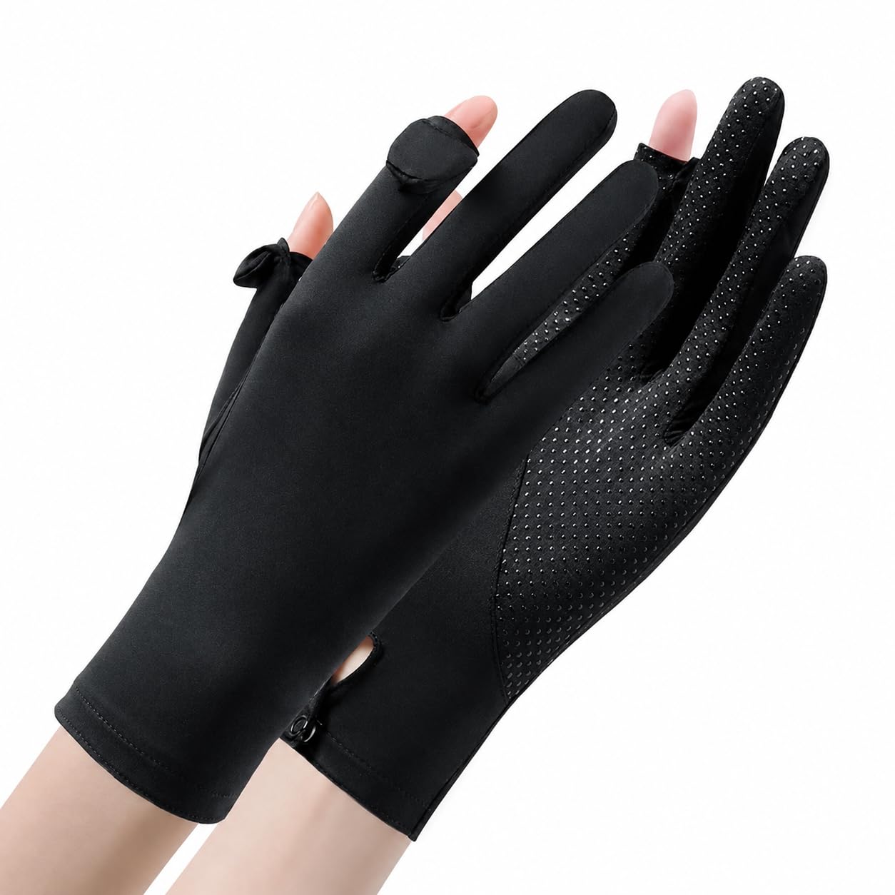 Sun Protection Gloves for Women - Non-Slip Touch Screen, Breathable Ice Silk Cooling, Summer Outdoor Full Finger with Snap Button Closure for Cycling, Driving, Fishing (Black)-image-44