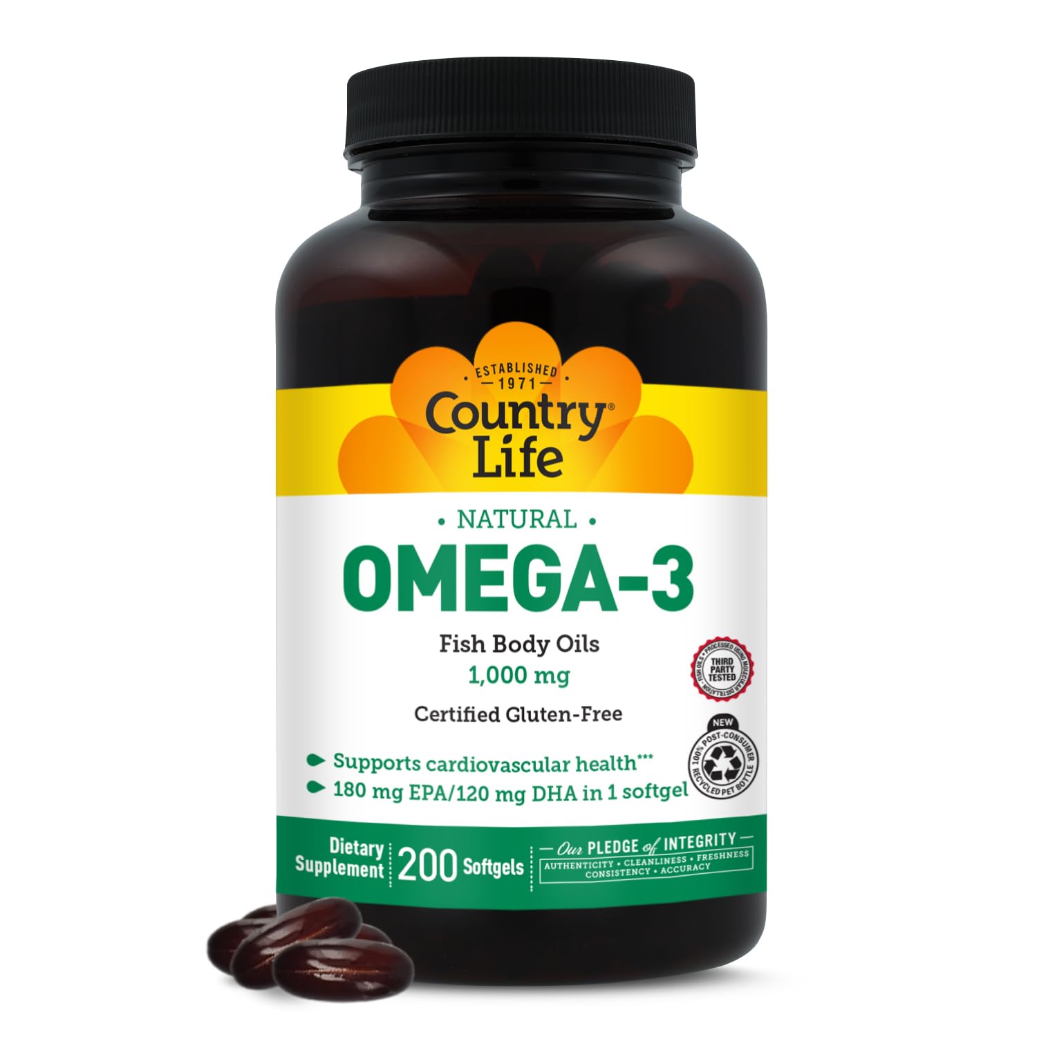 Country Life Omega-3 Fish Oil Supplement, 1000mg, 180mg EPA & 120mg DHA, Fish Oil Concentrate, Burpless, 200 Softgels, Certified Gluten Free