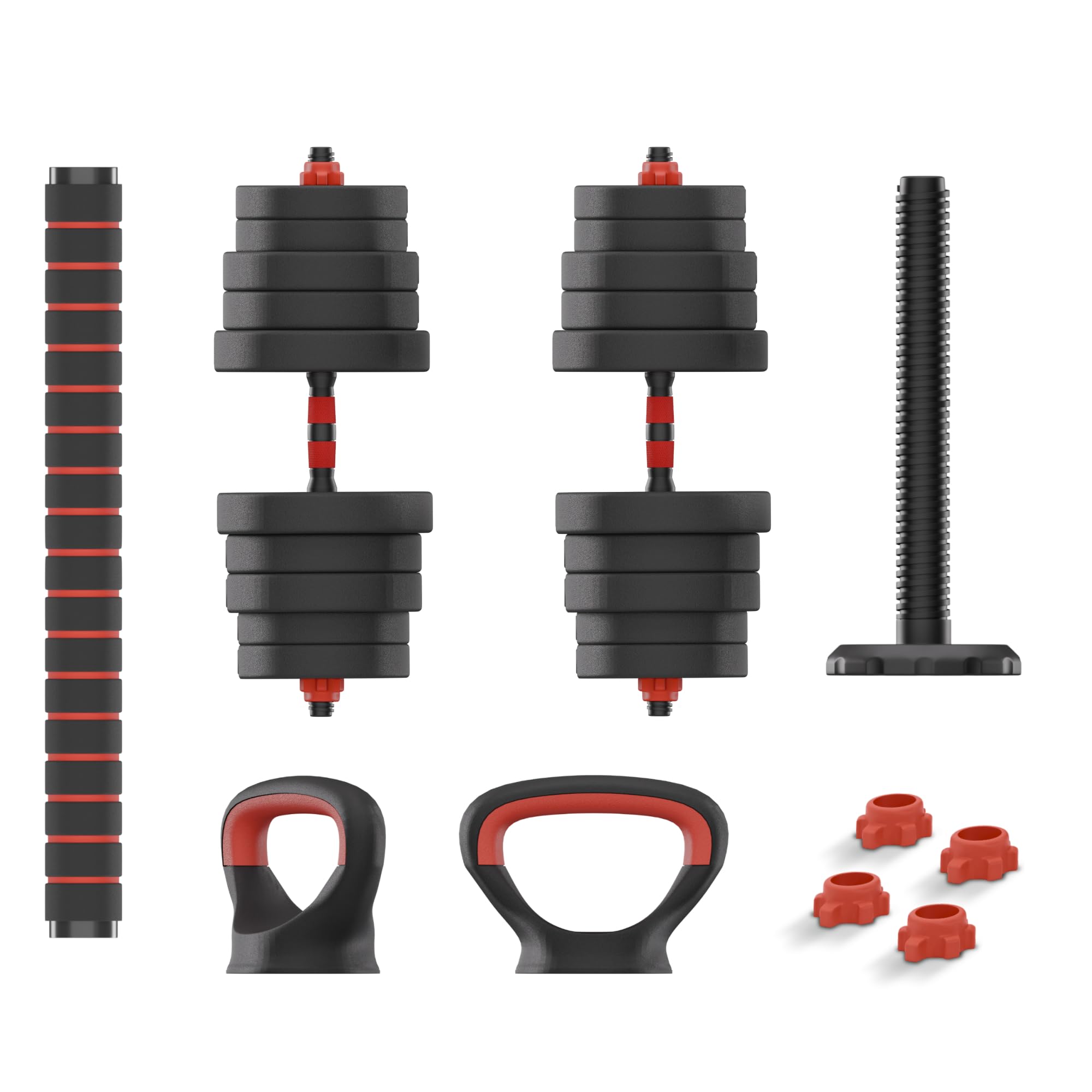 KSIX Kit de Pesas Ajustable 4 en 1, Mancuernas y Pesas Rusas Modulares, Barras Acolchadas con Foam, Negro y Naranja, Discos Múltiples, Entrenamiento Muscular Completo