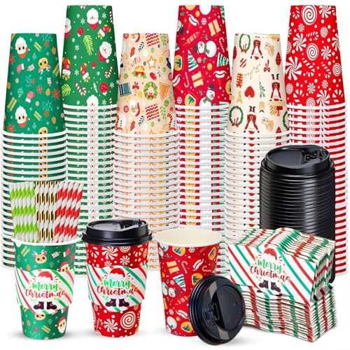 Jingmore 120 Sets 16oz Disposable Paper Coffee Cups with Lids Sleeves Straws Holiday Paper Drinking Cups Bulk for Hot Cold Beverages Home Business Cafe Birthday Party Supplies (Christmas)