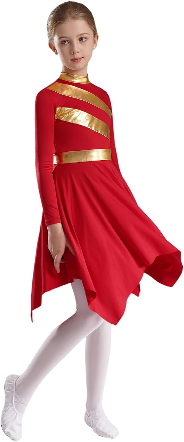 TiaoBug Kids Girls Long Sleeve Gold Color Block Metallic Liturgical Worship Praise Dance Dress Asymmetrical Tunic