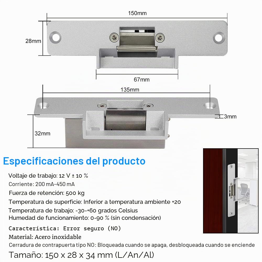 KDL Sistema Completo de Control de Acceso RFID Teclado Controlador de Huellas Dactilares, Fuente de alimentación DC12V / 3A, Cerradura eléctrica Tipo NO con Interruptor de Puerta, llaveros de 125KHz