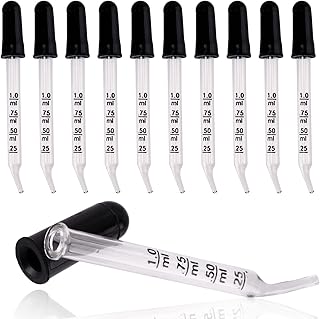 Eye Dropper, Glass Medicine Droppers for Dose and Measurement 1 mL Capacity- Bent Tip Calibrated Dropping Pipettes for Essential Oils, Resin Stain and Other Liquids (Bent Tip 10pcs)