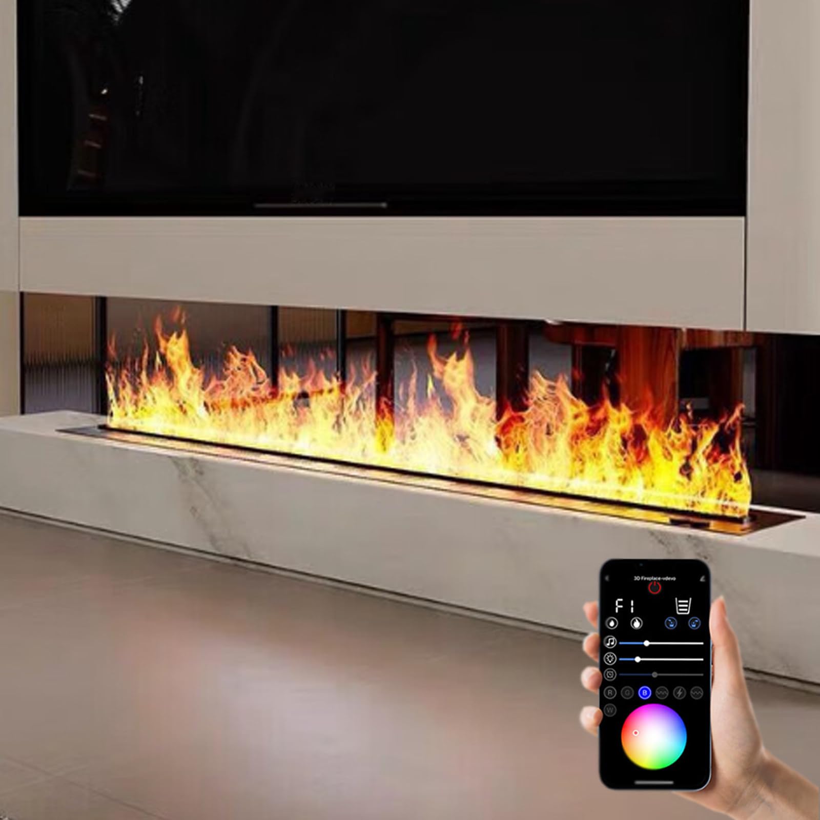 Elektrischer Kamin, 3D-Wasserdampfkamin, realistische, zerstäubte Flamme, m(Multicolorapp-800mm)
