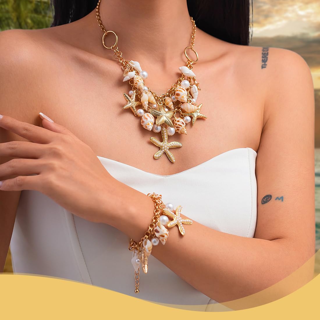 Juego de joyas de disfraz de sirena para mujer, accesorios de disfraz de sirena, estrella de mar, caracola, concha, collar, pulsera, perlas, estrella de mar, aretes de clip para el pel(A)