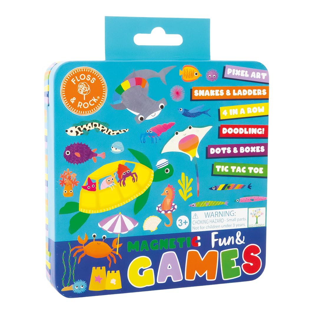 Floss & Rock Magnetic Fun & Games Tin, Ages 2-10, with Dry-Wipe Pens and Dice, Ocean, Recycled Tin, 16cm x 16cm x 2.5cm