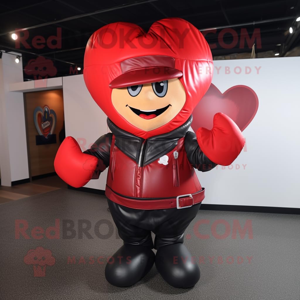 Red Heart mascotte personaggio costume vestito con una giacca di pelle e guanti