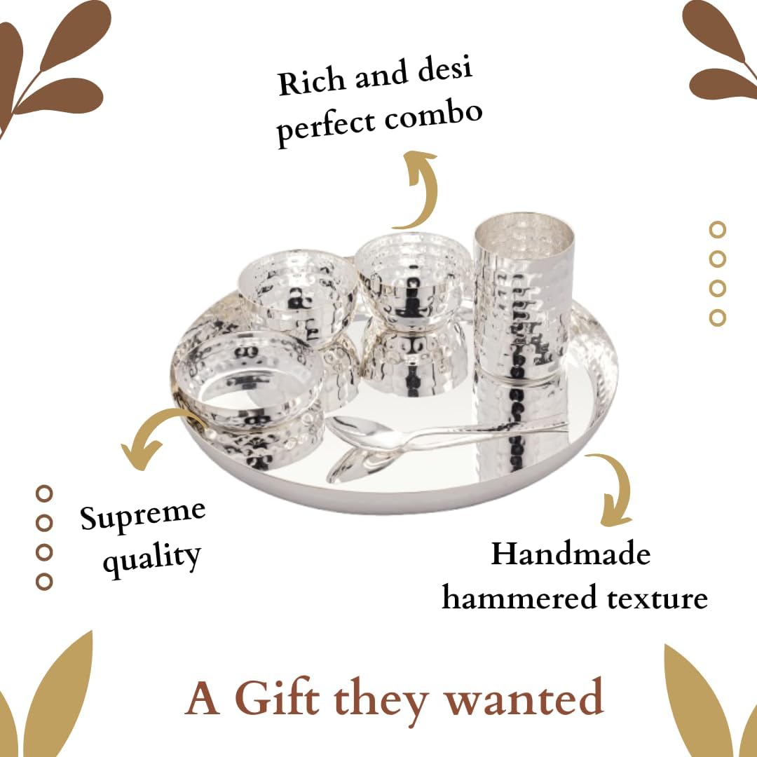 Silverglow Hammered Stainless Steel Dinner Set for 4 People, Silver Plated dinnerware Set of 24 pcs, Diwali Wedding Return Gift, Pure-Silver Plate Set Original — Amazon image 4