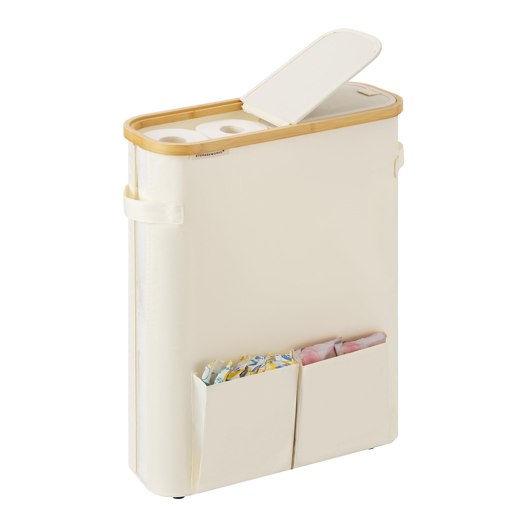 storageworks toilet paper storage baskets with dual flip lids, toilet paper organizer for bathroom, toilet paper container with side pocket, holds 15 mega or 20 regular rolls, large, beige