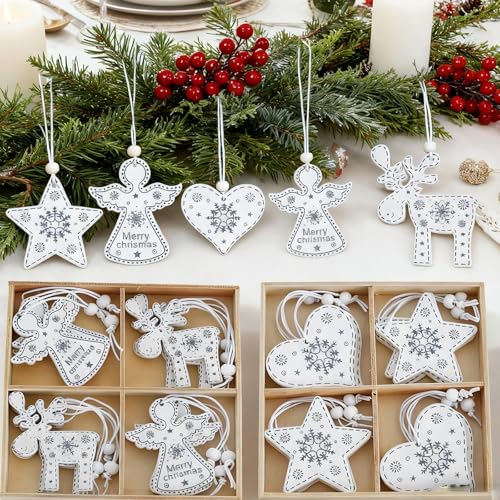 HERZONE 24pcs Holzanhänger Weihnachten Engel Holz Herz Sterne...
