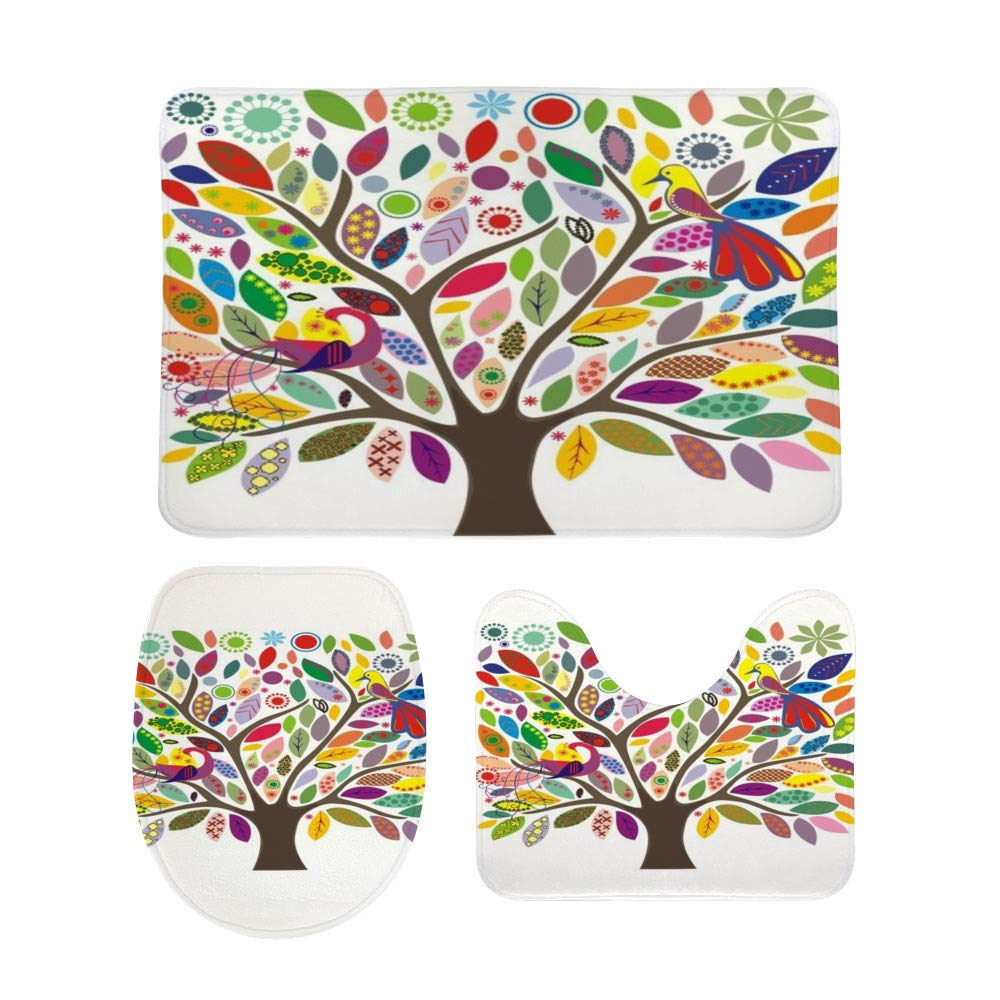 Housse pour abattant de WC et tapis de bain assortis motif arbre en lot de 3