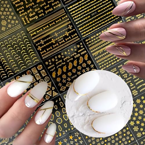 30 Sheets Gold Nail Art Stickers 3D Self-Adhesive Nail Decals Gold Line Star Nail Stickers for Acrylic Nails Gold Leaf Diamond Nail Supplies for Women - Image 5