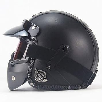 Black+Brown Leather Half Helmet, Adult Retro 3/4 Open Face Motorcycle Helmets for Men and Women Cruiser Scooter Half Helmet DOT+ECE Certification FMVSS 218 with Goggles Sun Visor...