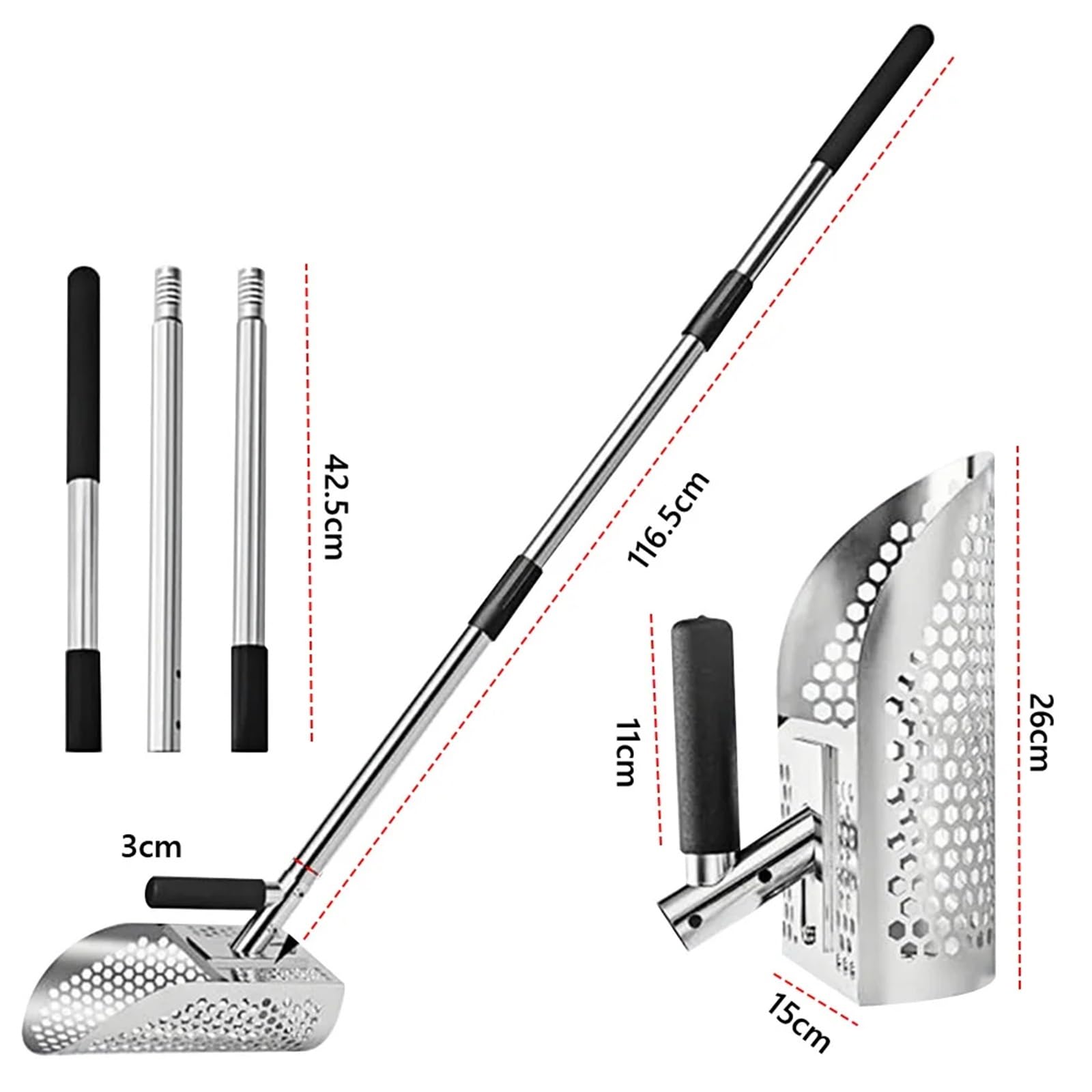 Rastrillo per pulci di sabbia Paletta for sabbia in acciaio inossidabile, pala for metal detector, manico regolabile in lunghezza, da scavo, for setacciatura rapida