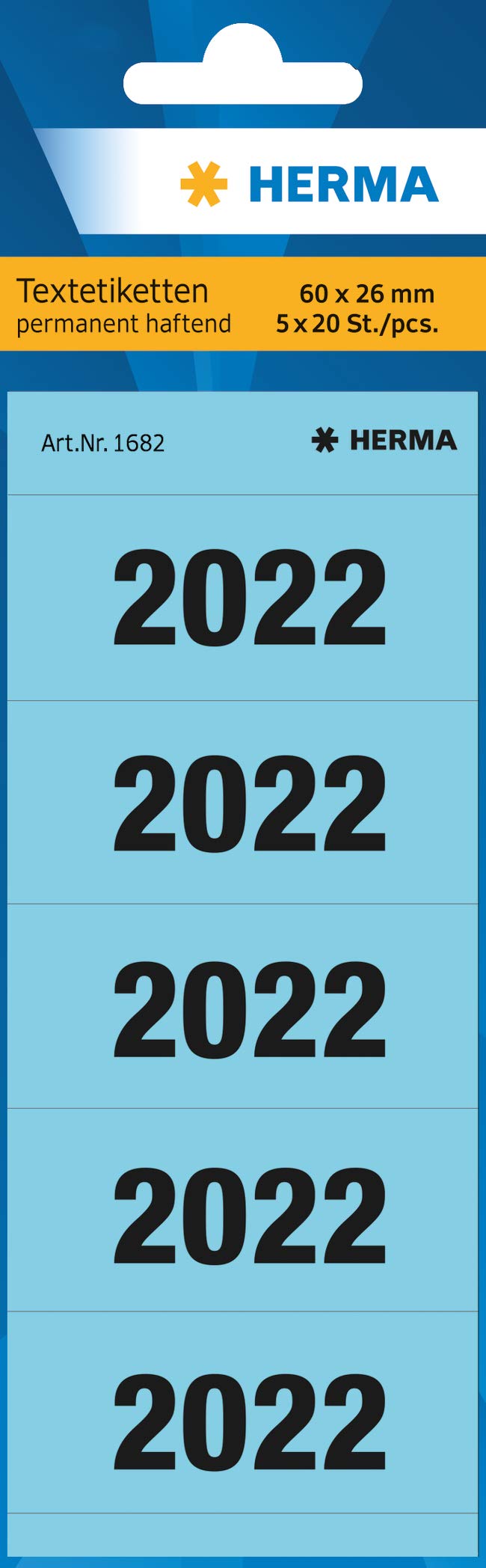 HERMA Year Number Stickers 2022 for Folders, 100 Labels, 60 x 26 mm, 5 Labels per Sheet, Self Adhesive Stickers for Lever Arch Files, Sticky Opaque Coloured Sticker, Blue