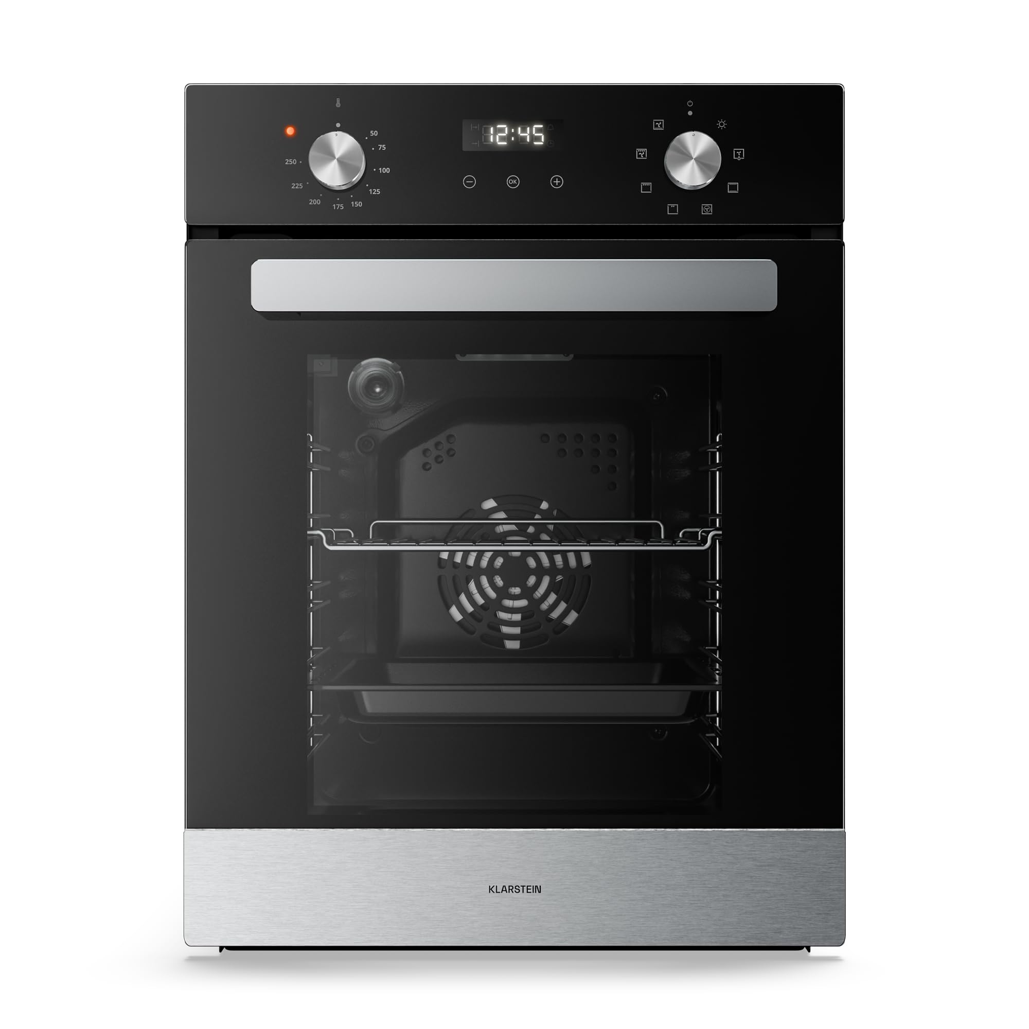 Klarstein Verosteel Forno da Incasso 45 cm - 49L, 8 Funzioni, Classe A, Timer, Doppio Vetro, Facile da Pulire, Acciaio Inox & Vetro Nero, Forno Elettrico Ventilato da Incasso