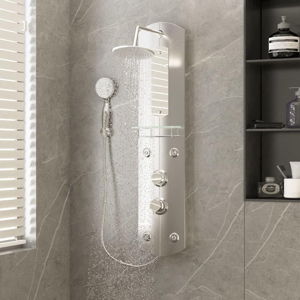 Pannello doccia argento, 25 x 43 x 110 cm, con doccia a pioggia, getto massaggiante, doccetta, ripiano in vetro, specchio, regolabile, per bagno, benessere, relax, montaggio a parete, cella