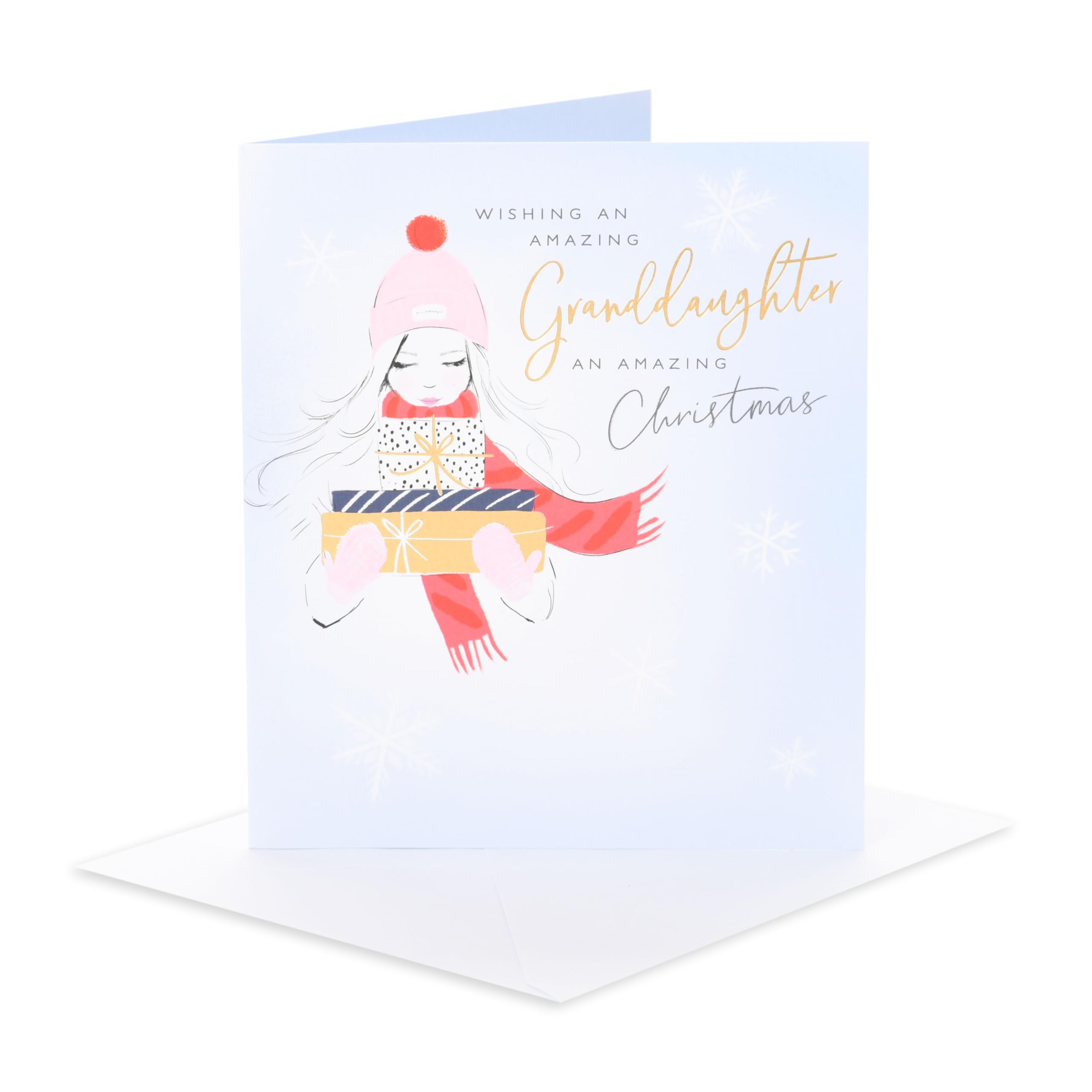 UK Greetings | Christmas Card for Granddaughter | Xmas Presents | Her, Girls, Women | Girl in Hat & Scarf | With Envelope | 18.4 x 15.9 cm