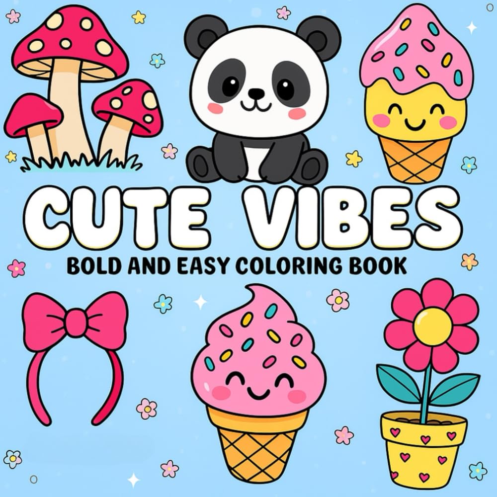 Bold & Easy Cute Vibes Coloring Book: 55 Adorable, Happy & Stress-Free Coloring Pages with Kawaii Animals, Smiling Food, Cozy Scenes & Magical Doodles (8.5” x 8.5”) (Bold and Easy Coloring Book)