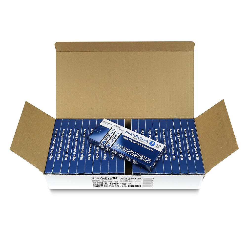 everActive Lot de 200 Piles alcalines AAA Micro LR03 R03 1,5 V, Haute Performance, durée de Vie 10 Ans