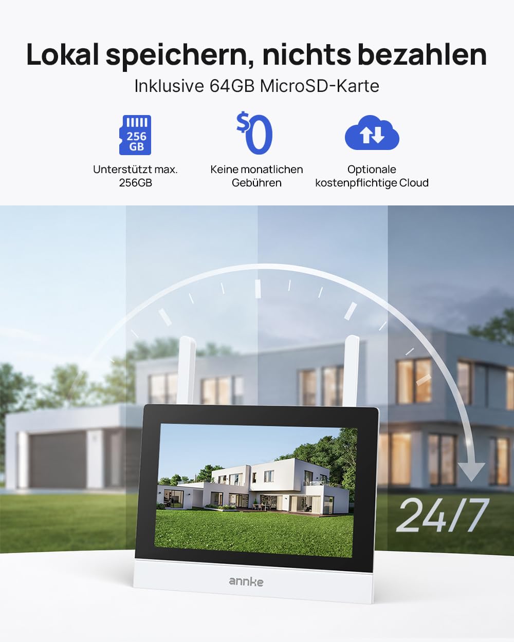 ANNKE 3K Überwachungskamera Set mit Monitor, 4CH 7" Touchscreen mit 64GB SD Karte, 4X 5MP 360° PTZ WiFi Kameras, 2 Wege Audio, Spotlight Alarm, Farbnachtsicht, Bewegungsüberwachung, 24/7 Aufzeichnung