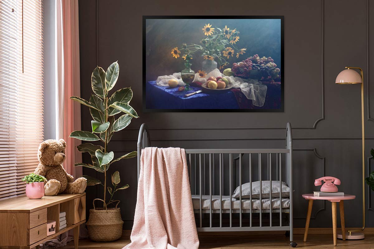 Poster Bilder Wanddeko Deko Wohnzimmer 120x80 cm Stilleben - Weintrauben - Sonnenblumen - Obst - Kunst - Malerei