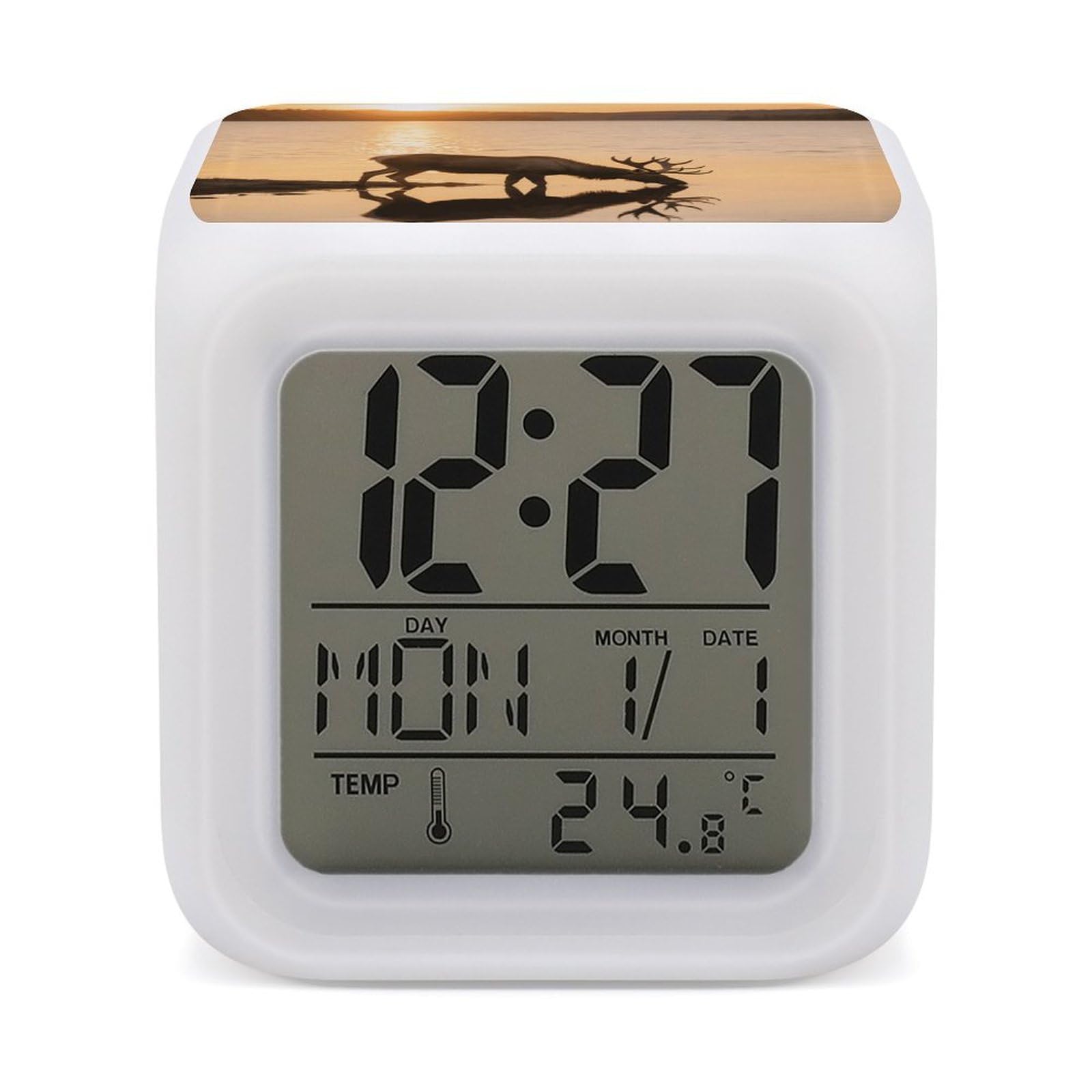 VstaDank Landscape Moose in The River Alarm Clock with Date Temperature Large LED Display Number Clocks with 7 Colors Changing Desk Clock Battery Operated Digital Clocks with Date for Heavy Sleepers