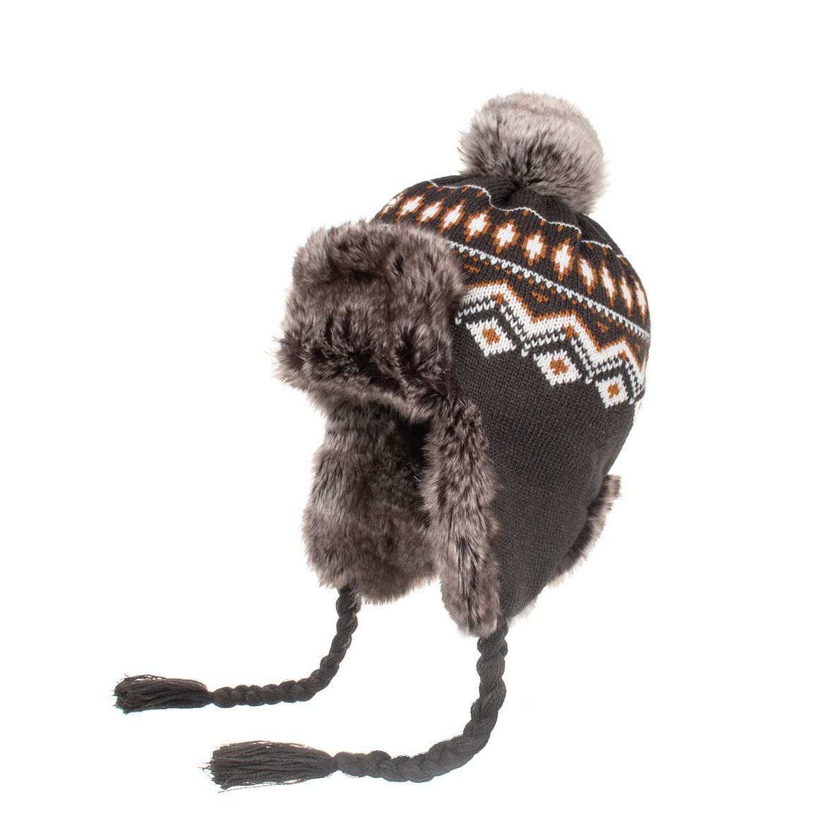 AOOPOO Women's Earflap Trapper Hat, Faux Fur, Fleece Lined, Knitted Ushanka Cap, Peruvian Beanie Hat, Grey