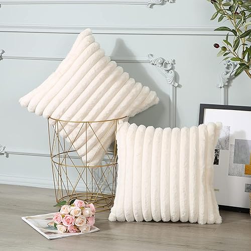 Miniatura 5 de Soleebee Juego de 2 fundas de cojín, terciopelo suave, acogedoras, pelo sintético de conejo, sofá, cama, silla, decorativa para el hogar, 22 x 22