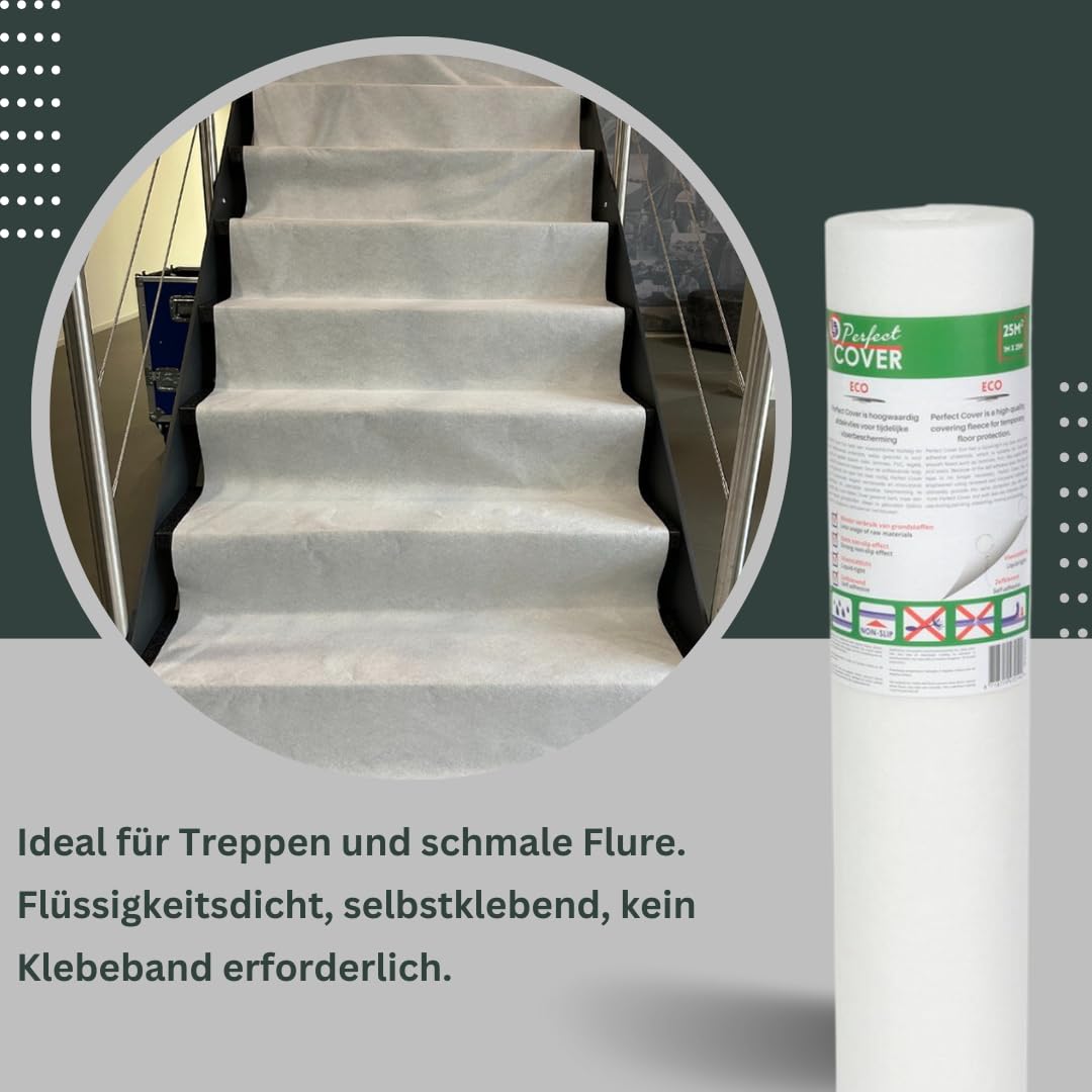 Perfect Cover Eco Malervlies Selbstklebend 25m² | 160 g/m² – Abdeckvlies für Bodenschutz bei Renovierung, Flüssigkeitsdicht, Rutschfest und Nachhaltig