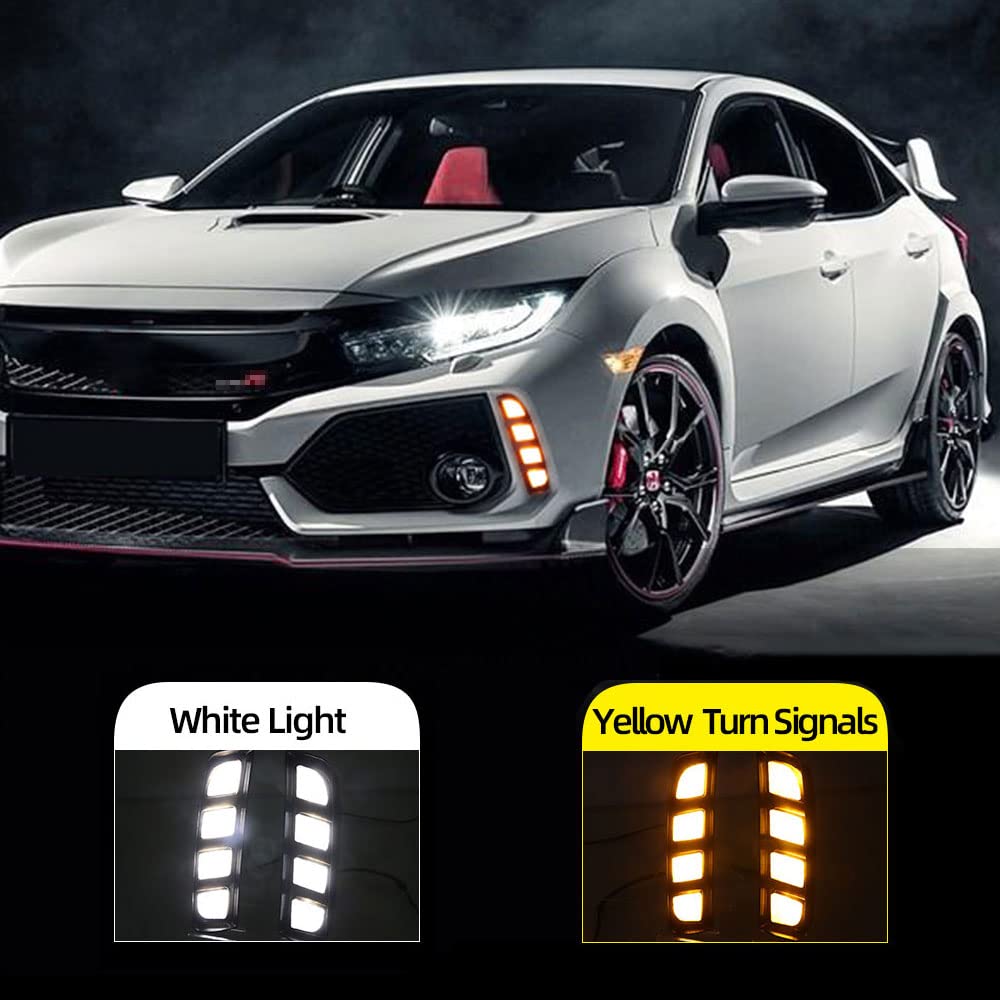 Riloer 2pcs LED DRL Car Daytime Running Light Compatible with Honda Civic Type R 2016-2020 Yellow White Turn Signal Light Fog Lamp