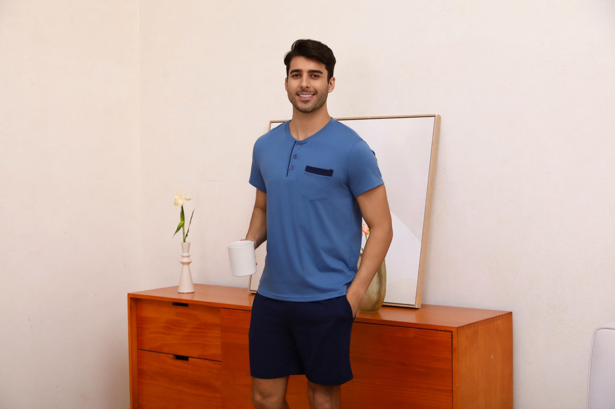 Aseniza Herren Schlafanzug Kurz Baumwolle Pyjamaset Sommer Shorty Nachtwäsche O-Ausschnitt Zweiteilige Schlafanzüge