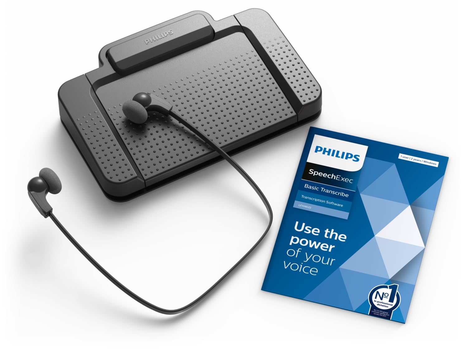 Philips LFH7177/06 Wiedergabe-Set, ergonomischer USB-Fußschalter ACC2330, Stereo-Unterkinn-Kopfhörer LFH0334, inkl. Software SpeechExec Basic Transcribe 2-Jahres-ABO
