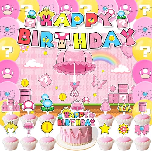 42Pcks Peach Party Decoration Includes Happy Birthday Banner Cake Topper Blackdrop Balloons for pink Princess Peach party Supplies Pack