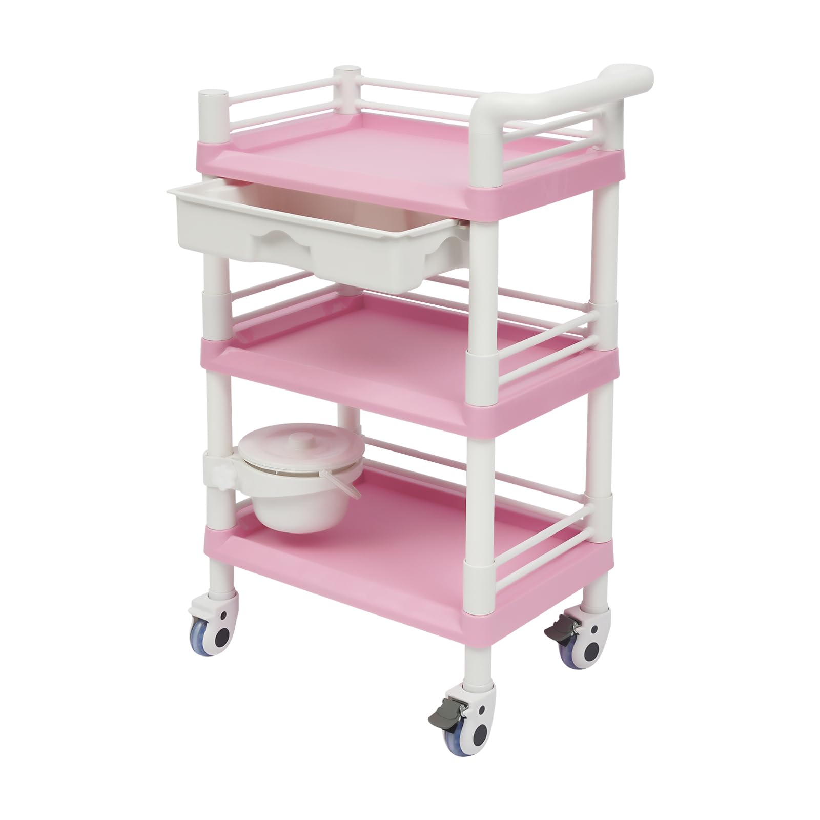 Carrito de salón Beauty con 3 estantes, cajón y cubo, carrito de almacenamiento enrollable para accesorios de belleza, salón de uñas, suministros de peluquería, color rosa y blanco, soporta 100 kg