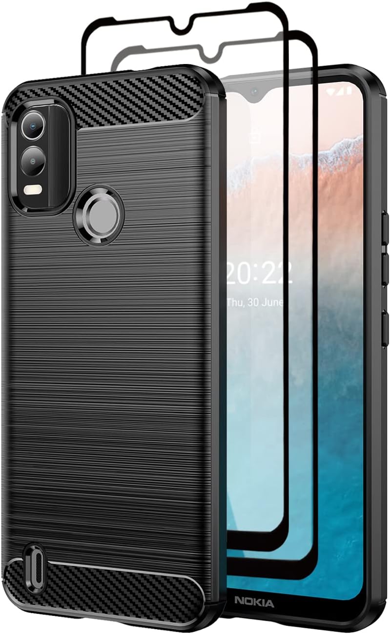 TeayohaCase for Nokia C21 Plus,with Tempered Glass Screen Protector [2 Pack], Carbon Fiber Scratch Resistant, Shock Absorption Soft TPU Drawing Protective Cases Phone Cover - Black