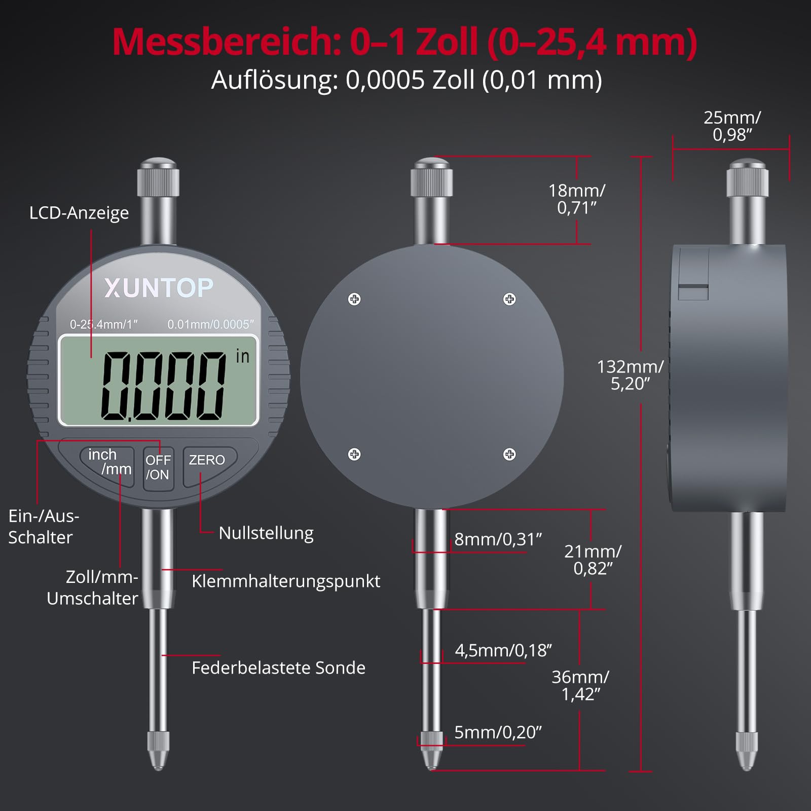 XUNTOP Digital Messuhr Präzisions Messuhr Flexibler Arm mit Magnetfuß Hochpräzisionsmessuhr 176lbs 0-1 Inch/25.4 mm für Industrieanwendungen