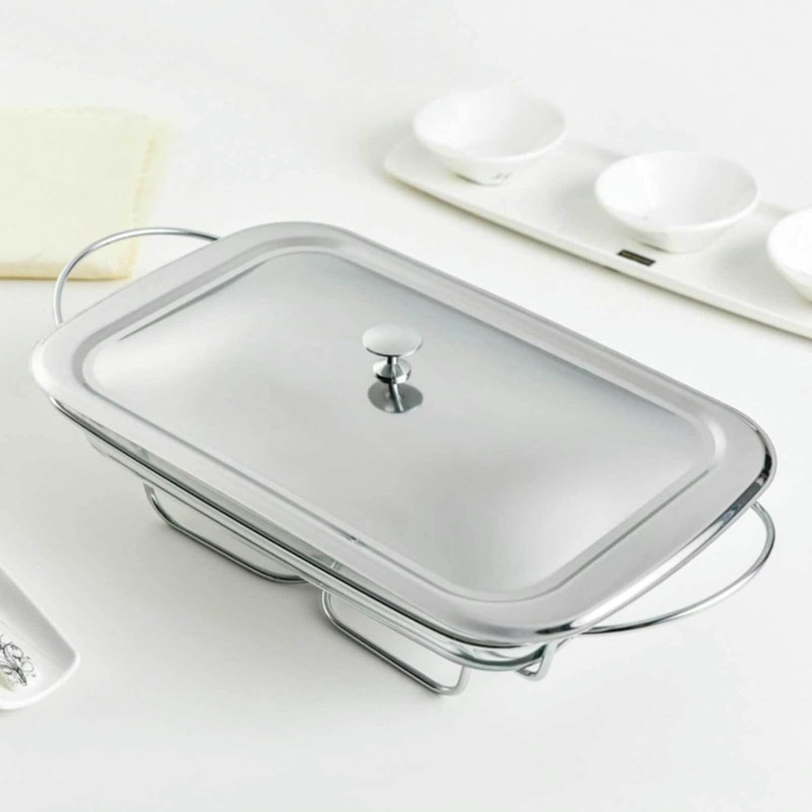 Set da Buffet con Scaldavivande, Vassoio Riscaldante con Coperchi - Posate da Buffet in Acciaio Inossidabile con Piatti in Vetro - Set da 2 Litri per Scaldavivande E Scal（Silver）