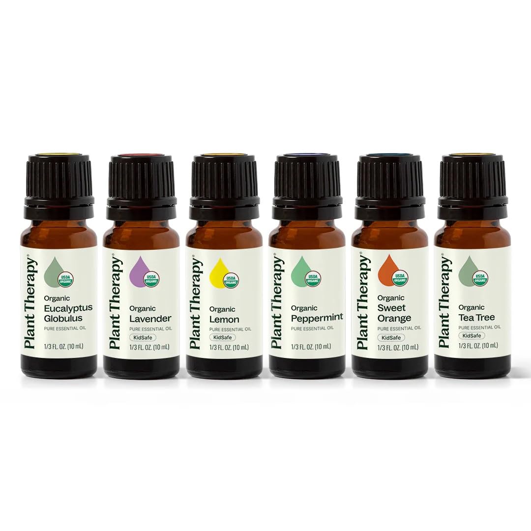 Plant Therapy Top 6 USDA Organic Essential Oil Set - Lavender, Peppermint, Eucalyptus, Lemon, Tea Tree 100% Pure, Natural Aromatherapy, for Diffusion & Topical Use, Therapeutic Grade 10 mL (1/3 oz)
