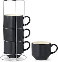 Hasense 15oz Stackable Coffee Mug Set of 4 with Stand - Ribbed Matte Black Ceramic Latte Mugs for Cappuccino Tea, Dishwasher Microwave Safe