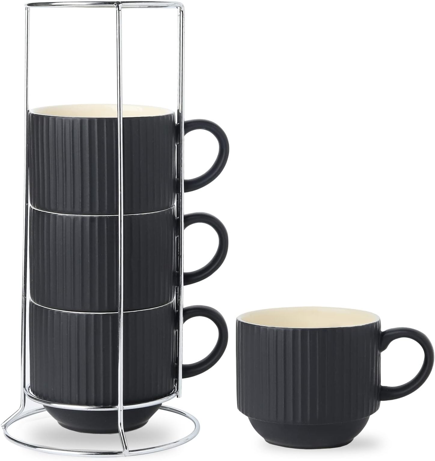 Coffee Mug Ceramic Set of 4 with Stand, Stackable Large Latte Cups with Metal Stand, Dishwasher & Microwave Safe, Black for Cappuccino Tea Hot Cocoa