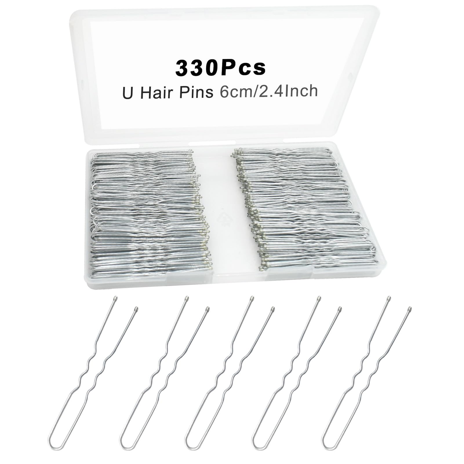 YINGFENG - 330 horquillas plateadas en forma de U para moños, horquillas plateadas de 2.4 pulgadas para mujeres con caja de almacenamiento para rizos franceses