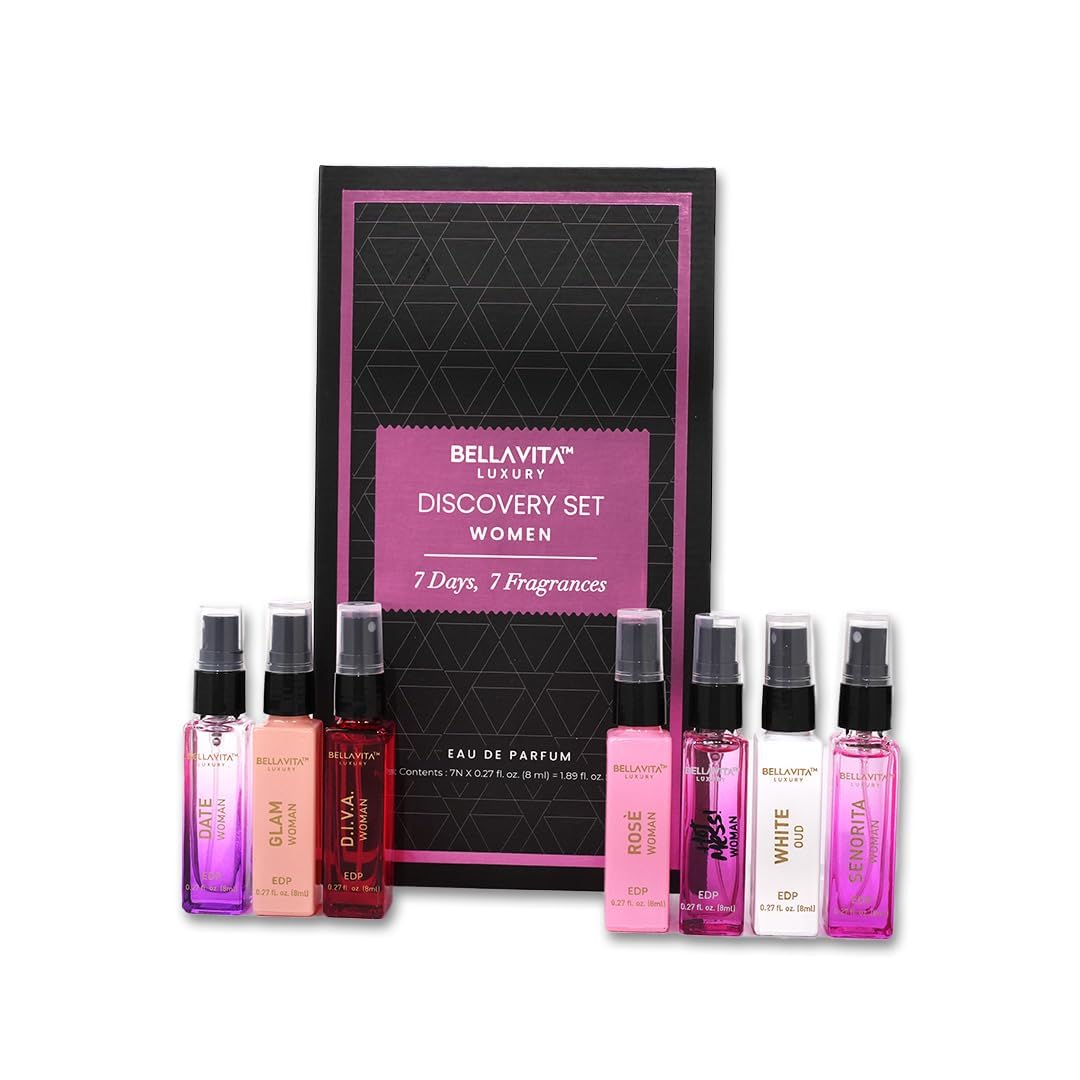 BellaVita Luxury Discovery Set Womens Perfumes (7x8ml) | Mini Perfume Gift Set for Women with Rose, OUD & Pepper Oriented | Compact Long-Lasting Floral Perfumes | Valentine's Day gift for Her