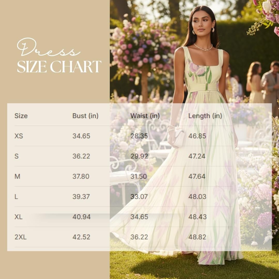 Generale Vestito Lungo a Fiori Donna Senza Maniche con Scollo Quadrato, Modello Fluido a Taglio A Elegante, Perfetto Come Abito Invitata Nozze per Primavera, Estate e Vacanze