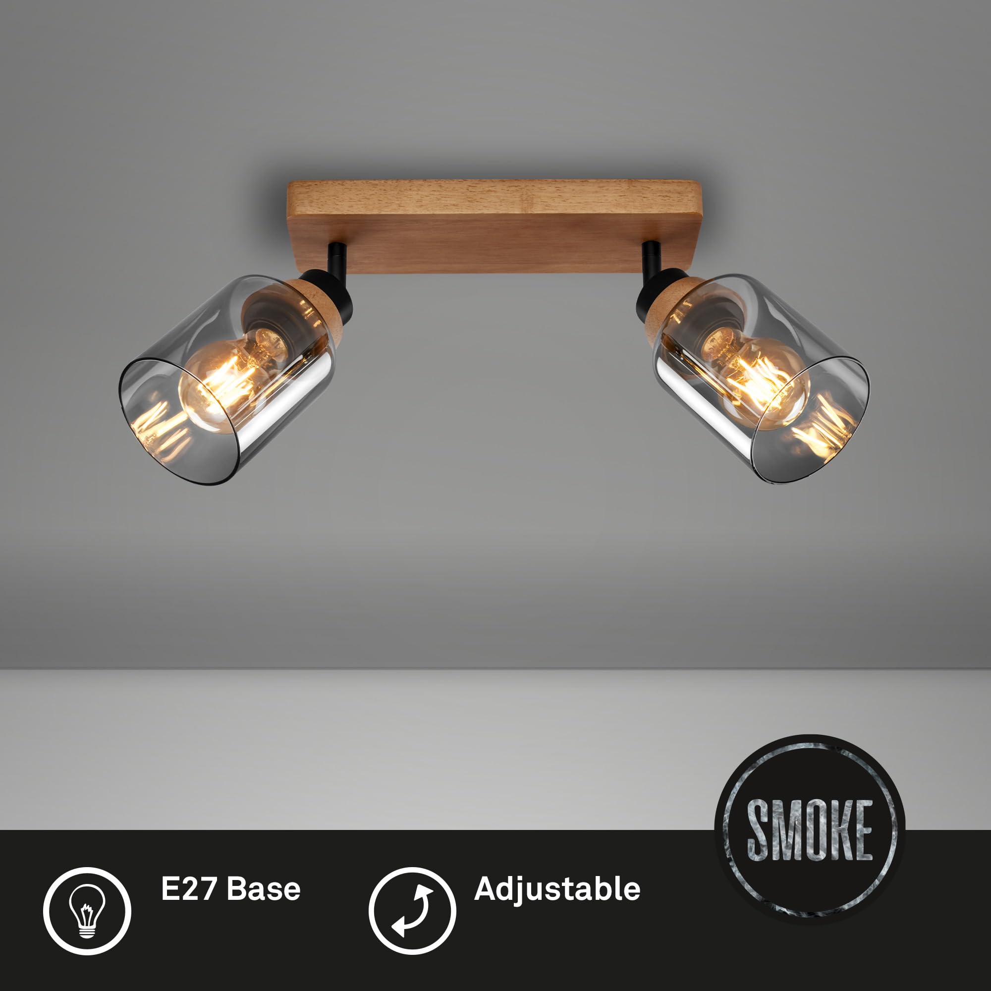 BRILONER – Deckenlampe, Deckenleuchte, Lampe, Rauchglas, Schwenkbar, Wohnzimmerlampe, Schlafzimmerlampe, Küchenlampe, Schwarz-Holz